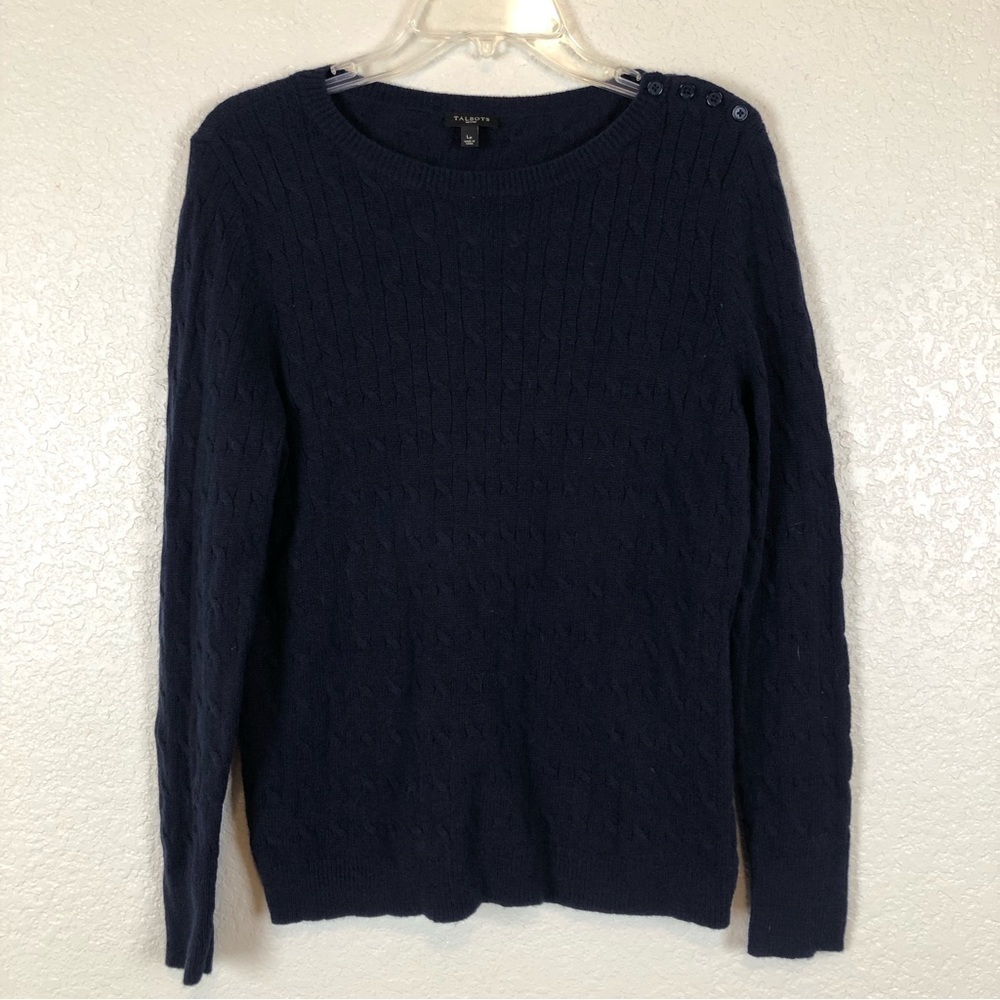 Talbots Navy Cable-Knit Crewneck Sweater with Shoulder Buttons